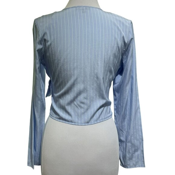 Freshman Crossover Asymmetric Ruffle Cotton Top Blue White Pinstripe LS Sz M - Picture 4 of 6